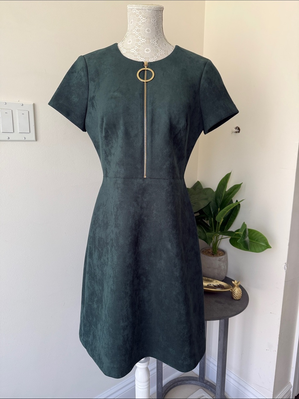 Calvin Klein Suede Dark Green Short Sleeve Midi Dress with Front Gold Ring Zip